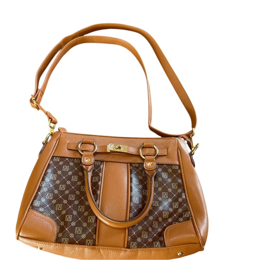 Jose Hess Brown Monogram Satchel Bag – Faux Leather Shoulder Tote 14”